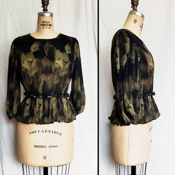 EUC GANNI Pleated Georgette Blouse in Olive Green Floral 38 6 Small - Picture 5 of 10